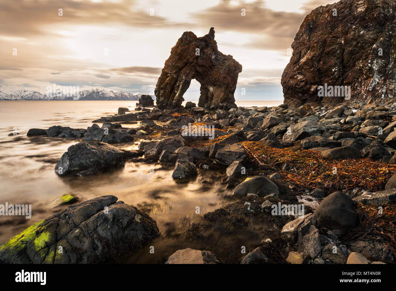 Gatanöf rock arch on the north coast of Iceland. Stock Photo