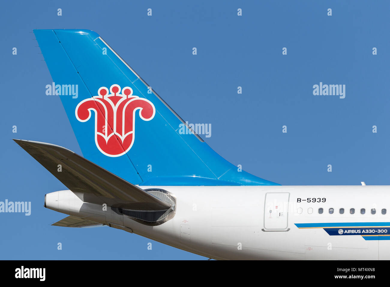 Melbourne, Australia - November 8, 2014: Tail of China Southern Airlines Airbus A330-323 B-5939 on approach to land at Melbourne International Airport Stock Photo