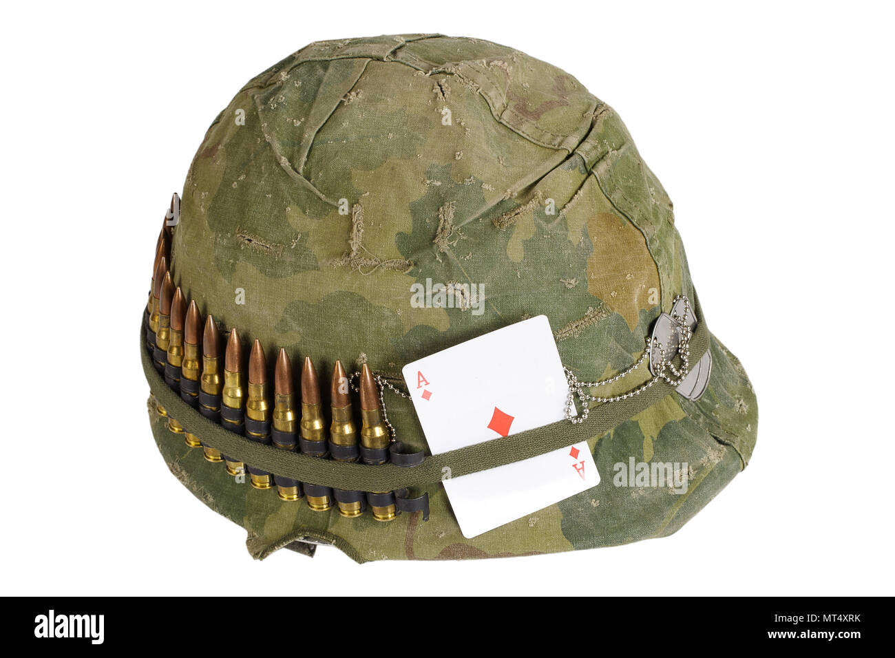 US Army helmet Vietnam war period with camouflage cover, ammo belt and amulet playing card ace