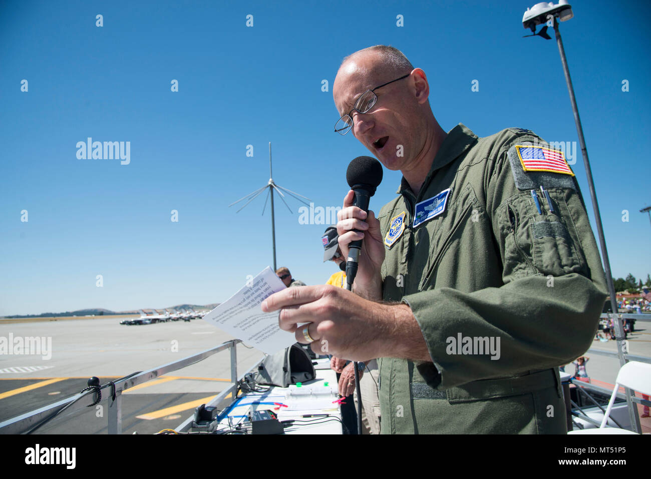 Col. Ryan Samuelson, 92nd Air Refueling Wing commander, thanked service members and members of the local community for their support during the SkyFest 2017 Air Show and Open House at Fairchild Air Force Base, Washington. SkyFest was hosted to thank the local and regional community for their support and give them the opportunity to meet Airmen and learn about the Air Force mission. (U.S. Air Force photo/Senior Airman Janelle Patiño) Stock Photo