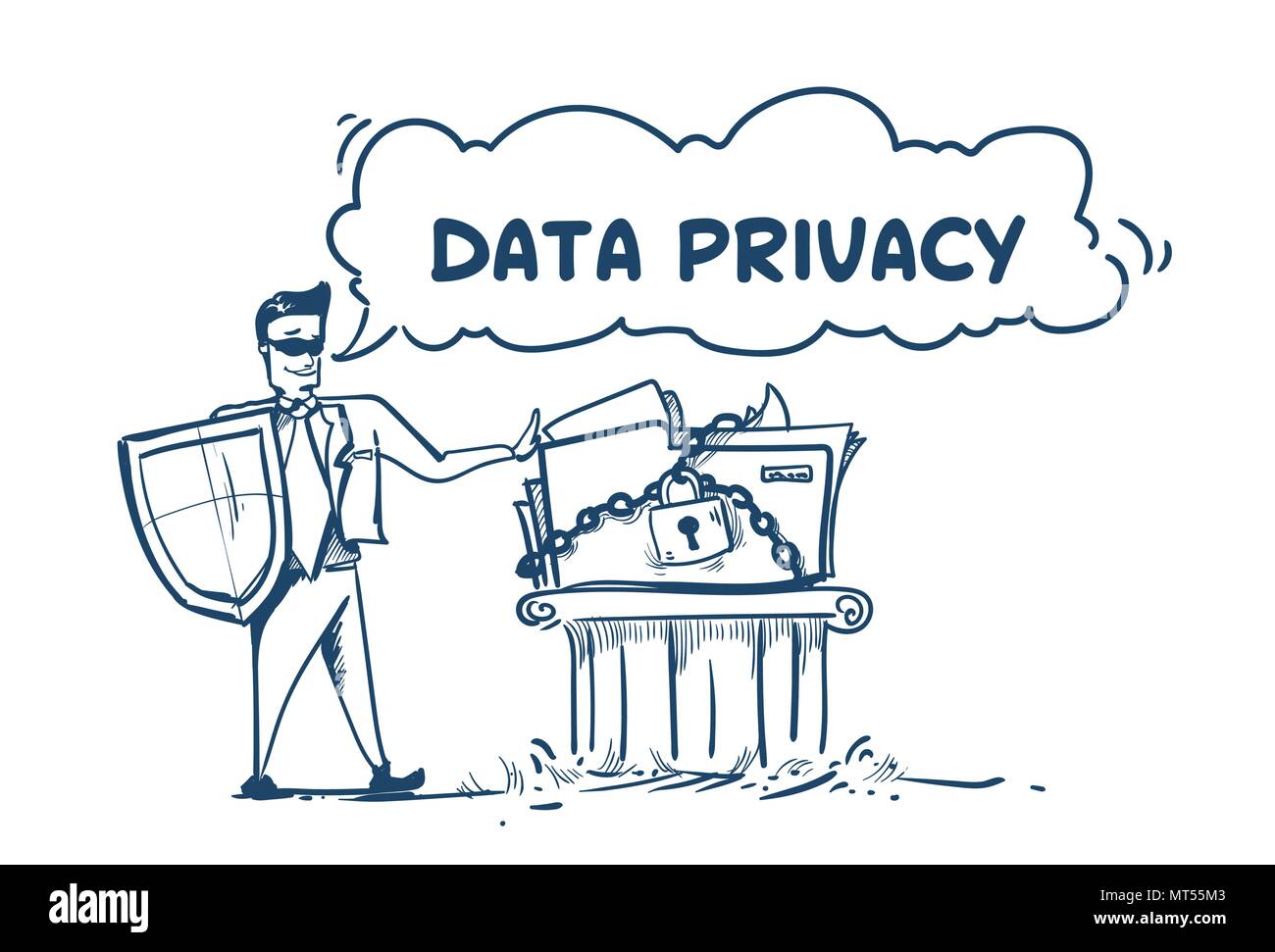 man in business suit shield security data privacy on pillar General