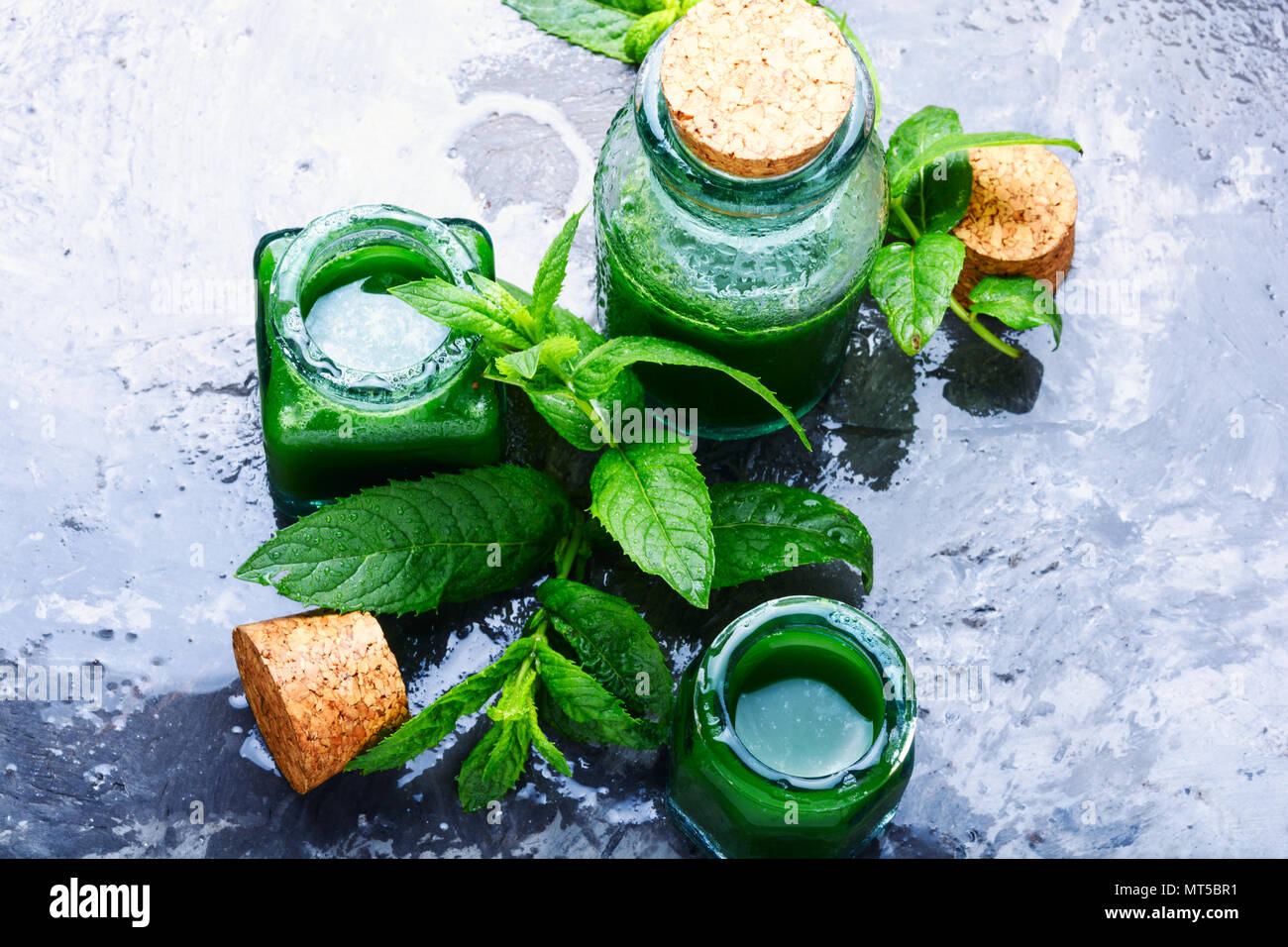 Mint essential oil in a glass bottle.Herbal medicine.Healing herbs ...