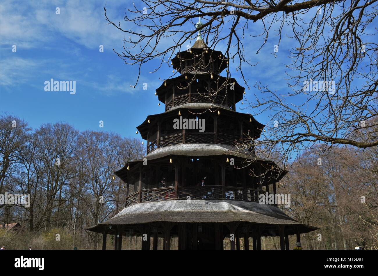 Chinese tower in English gardens in Munich in Germany in spring Stock Photo