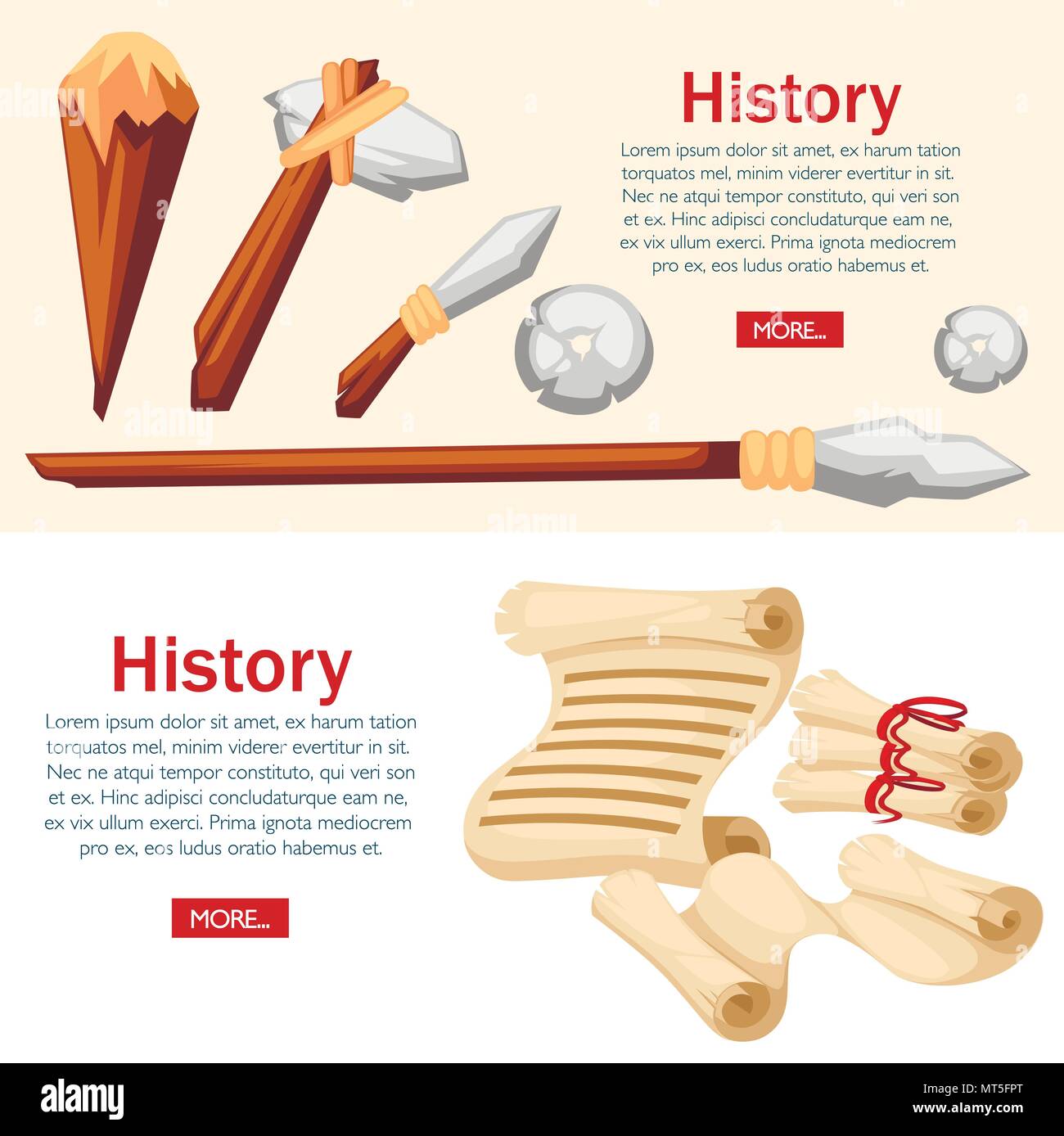 History web banner concept. Stone age primitive work tools. Medieval scrolls. Flat style vector illustration on white and beige background. Place for  Stock Vector