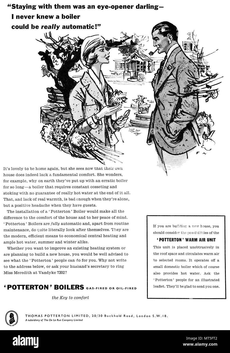 1959 British advertisement for Potterton gas-fired of oil-fired boilers, illustrated by Francis Marshall. Stock Photo