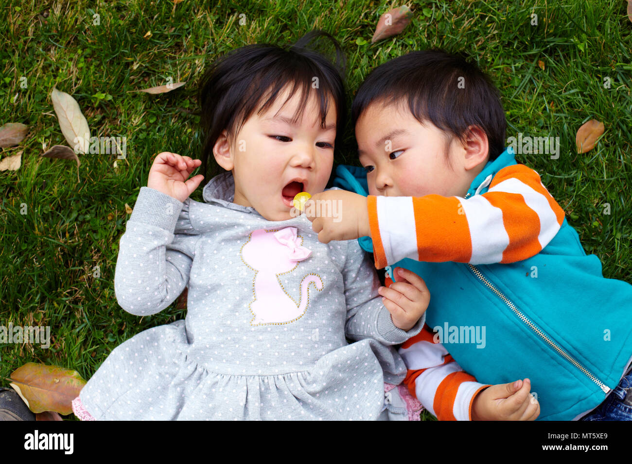 Two happy little asian kids playing outdoor in the sunny park Stock Photo