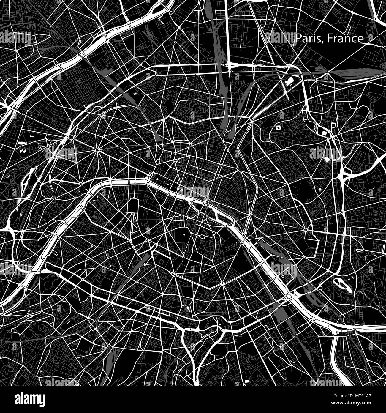 Area map of Paris, France. Dark background version for infographic and marketing projects. This map of Paris, contains typical landmarks with streets, Stock Vector