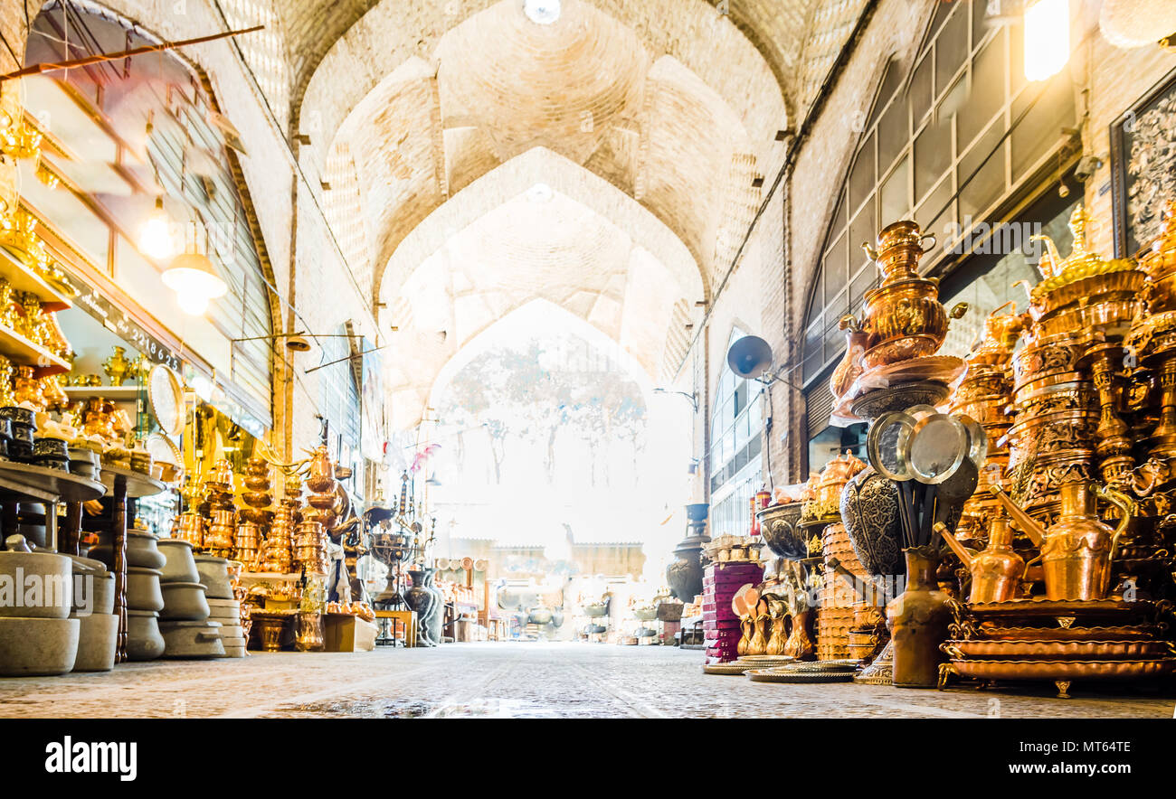 View on copper handicrafts in the bazar of isfahan - Iran Stock Photo