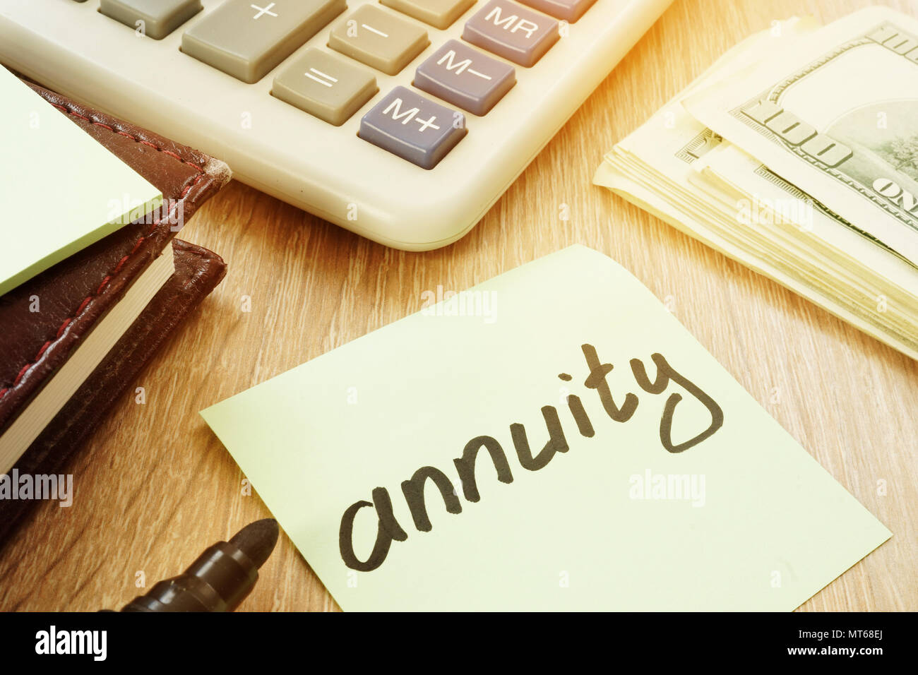 Annuity sign and calculator. Money for savings. Stock Photo