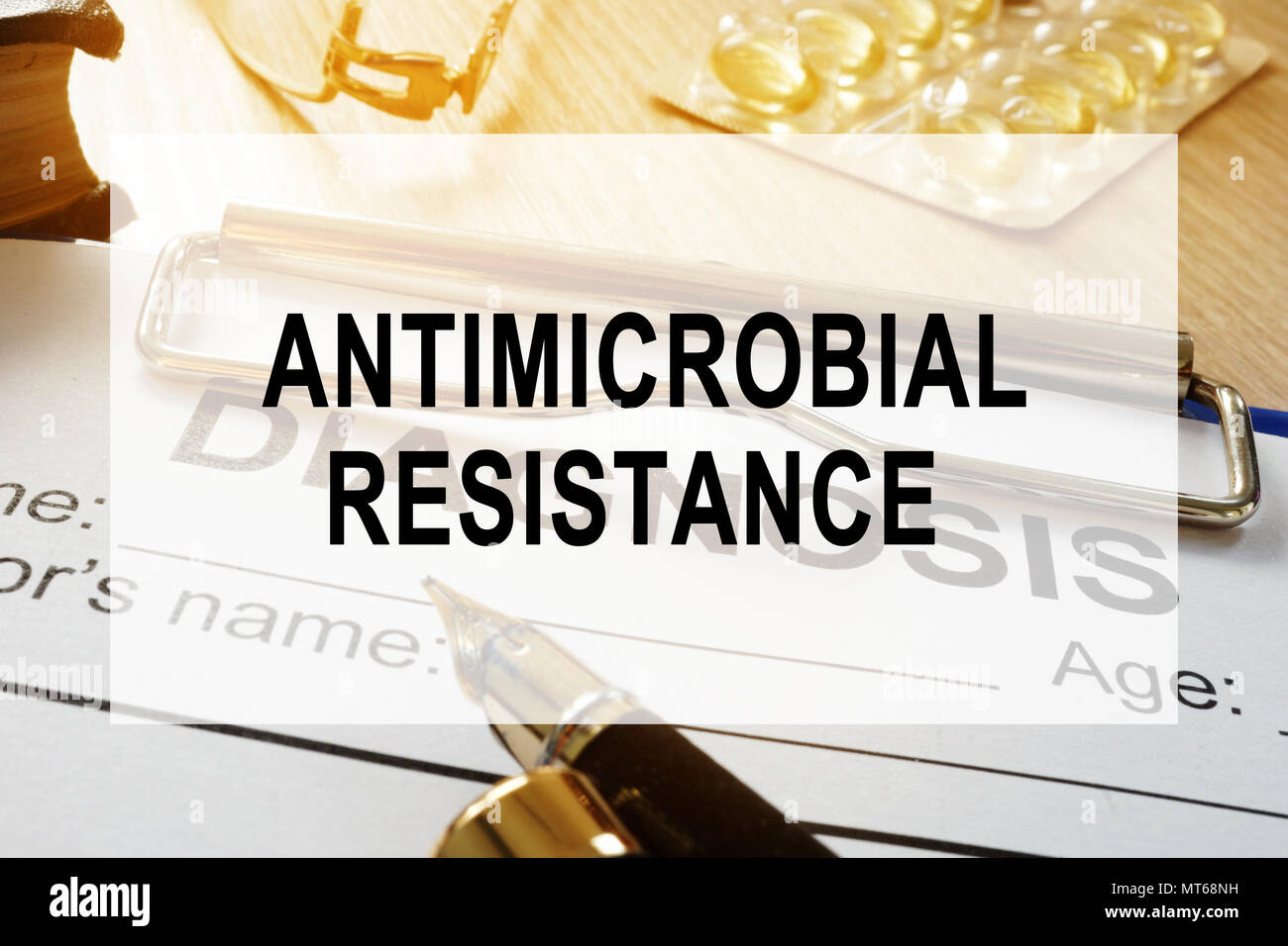 Antimicrobial resistance AMR concept. Desk in a hospital. Stock Photo