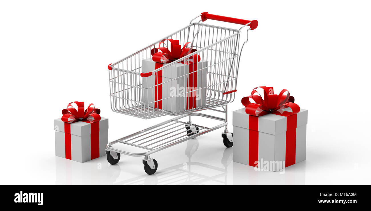 Christmas shopping. Gift boxes white with red ribbons and shopping cart ...