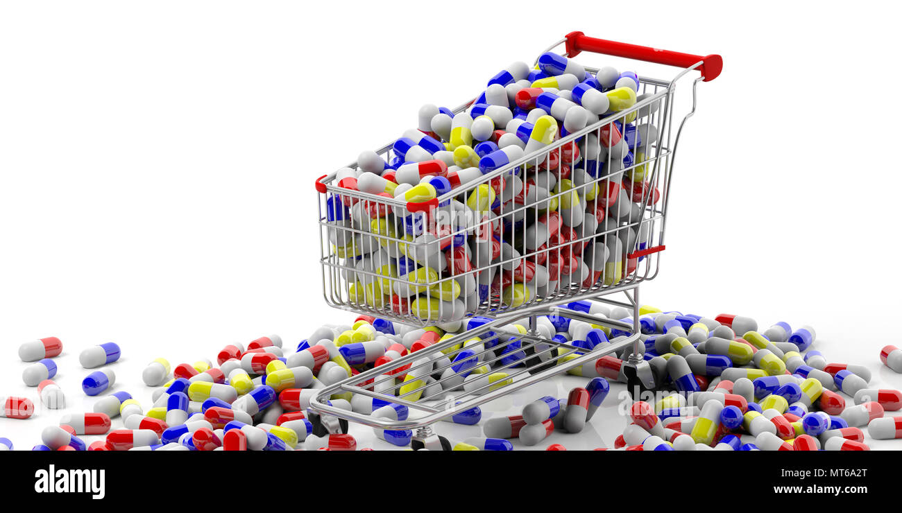 Medicine addiction concept. Shopping cart full of medicine pills on white background. 3d illustration Stock Photo