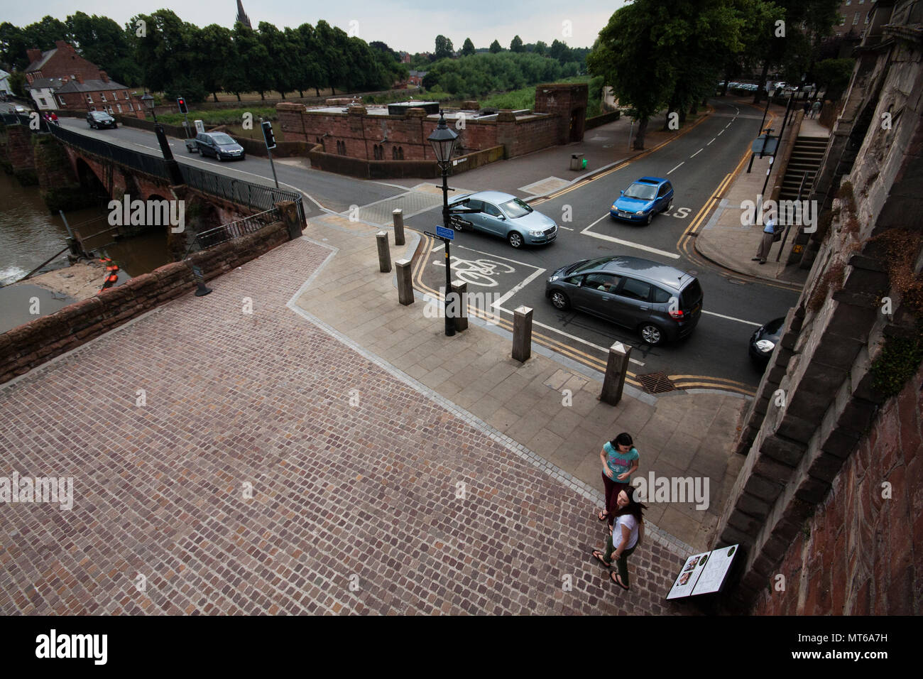 Old Dee Brdige where it meets the city walls in Chester, England, UK. Stock Photo