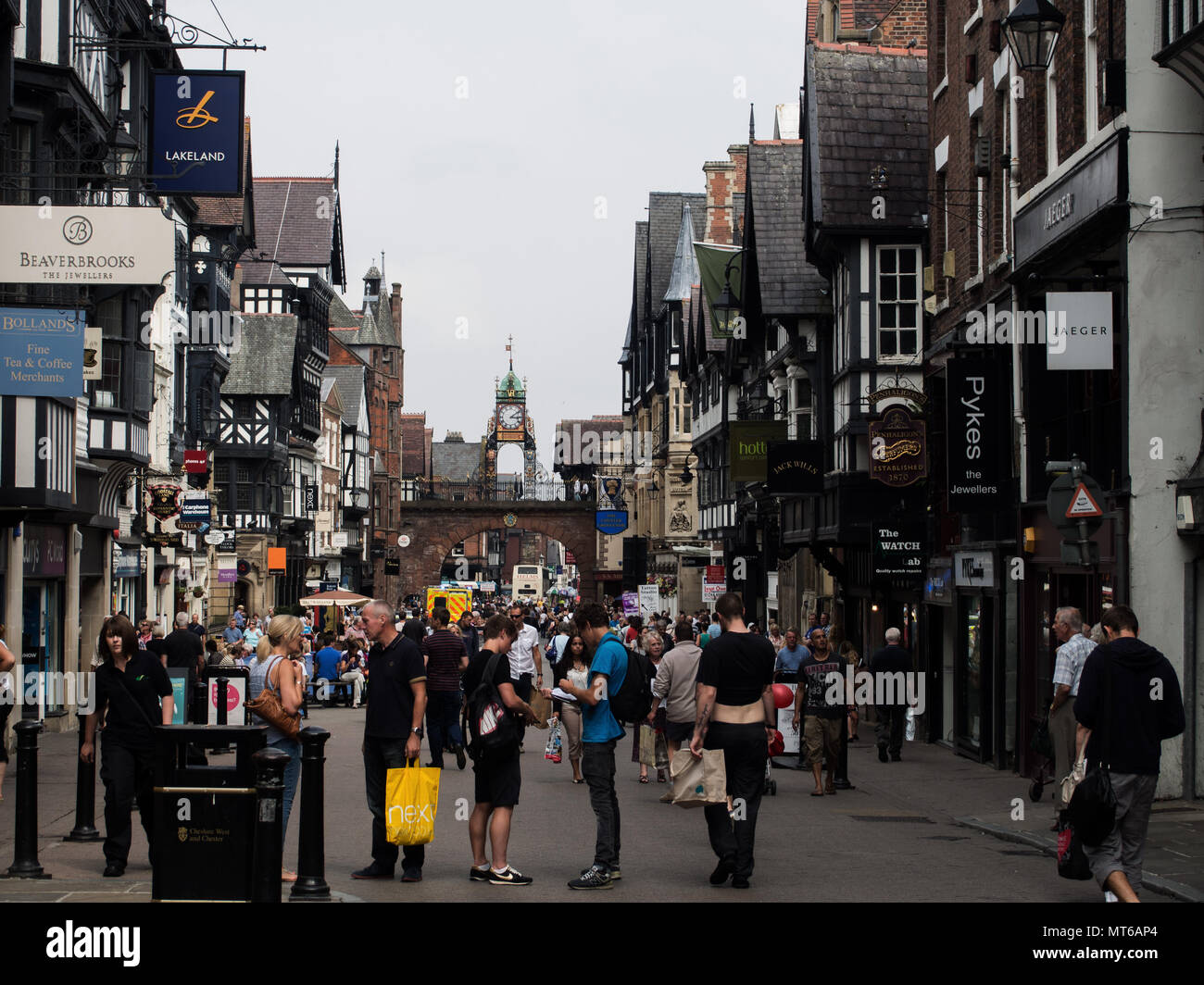 Crowded Eastgate street seen from the Eastgate clock in Chester, England, UK. Stock Photo