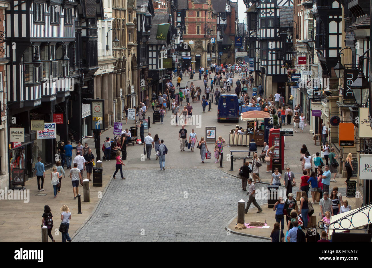 Crowded Eastgate street seen from the Eastgate clock in Chester, England, UK. Stock Photo