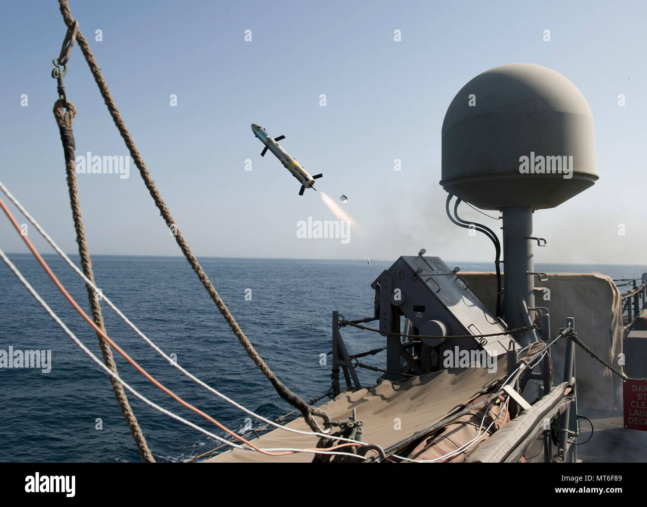 ARABIAN GULF (July 20, 2017) A griffin missile is launched from coastal patrol ship USS Thunderbolt (PC 12) during a test and proficiency fire exercise, July 18. USS Chinook is one of ten coastal patrol ships assigned to Coastal Patrol Squadron (PCRON) 1 home-ported in Manama, Bahrain in support of maritime security operations and theatre security cooperation efforts in the U.S. 5th Fleet area of operations. (U.S. Navy photo by Mass Communication Specialist 2nd Class Austin L. Simmons) Stock Photo