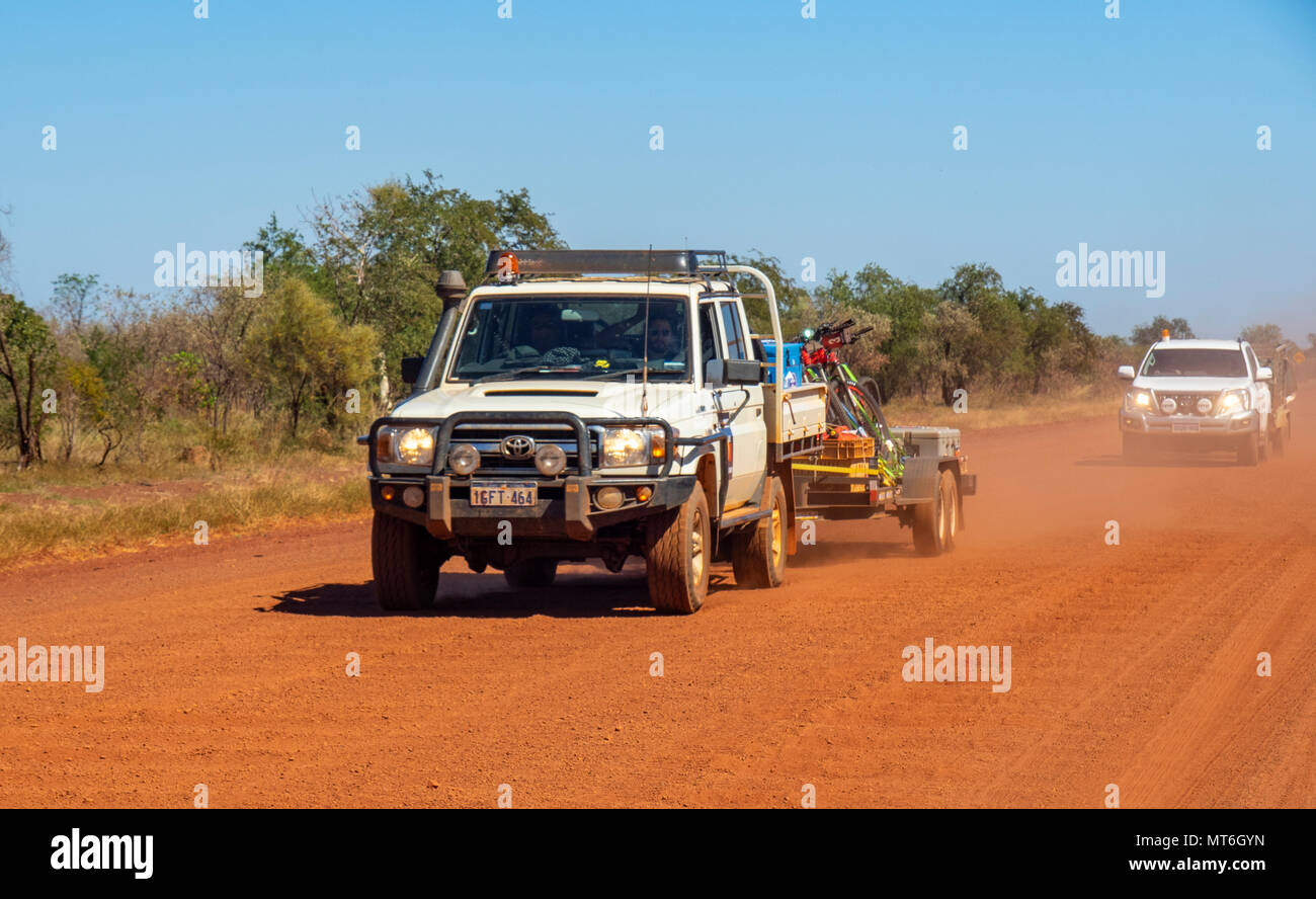 Two 4WD support vehicles on the Gibb River Road during the Gibb Challenge 2018 Kimberley, WA, Australia. Stock Photo