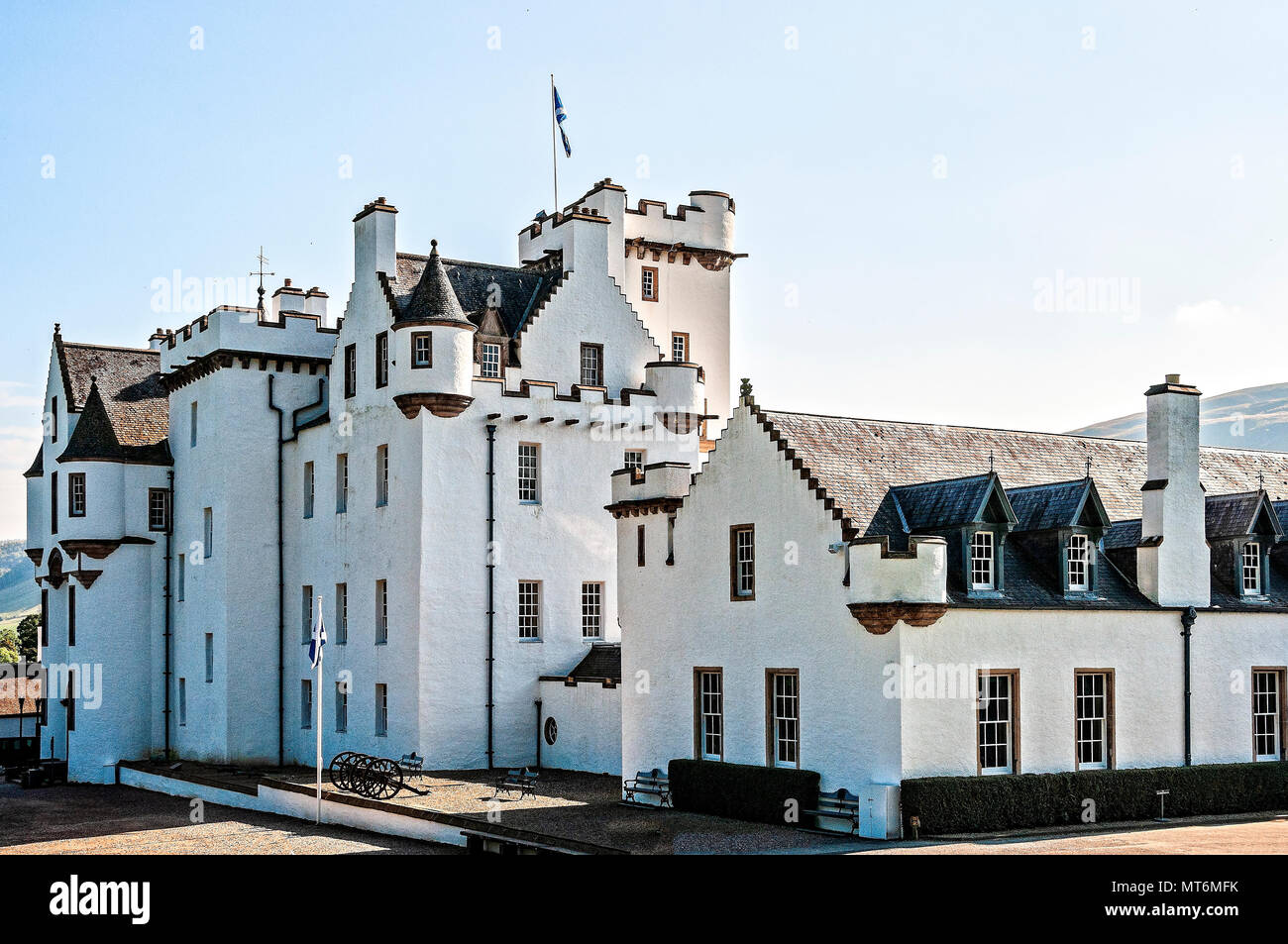 The magnificent white grade A listed building of Blair Castle with its towers and angled turrets being the ancestral home of the Clan Murray Stock Photo