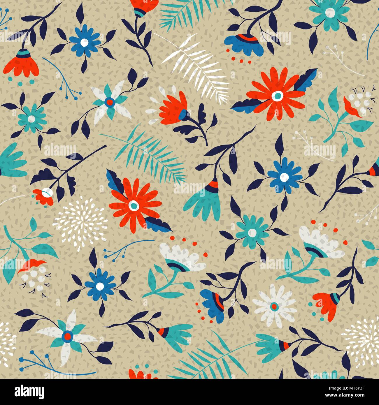 Floral seamless pattern art, traditional retro ditsy design with colorful spring flowers and leaves. EPS10 vector. Stock Vector