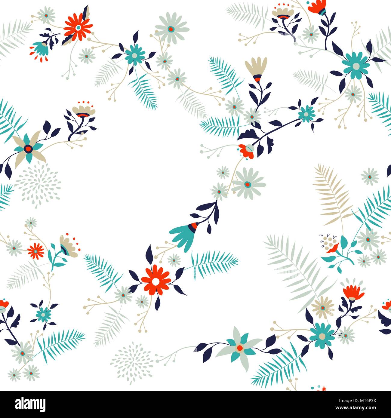 Floral seamless pattern illustration in retro art style. Wild flower and leaves vintage decoration background. EPS10 vector. Stock Vector