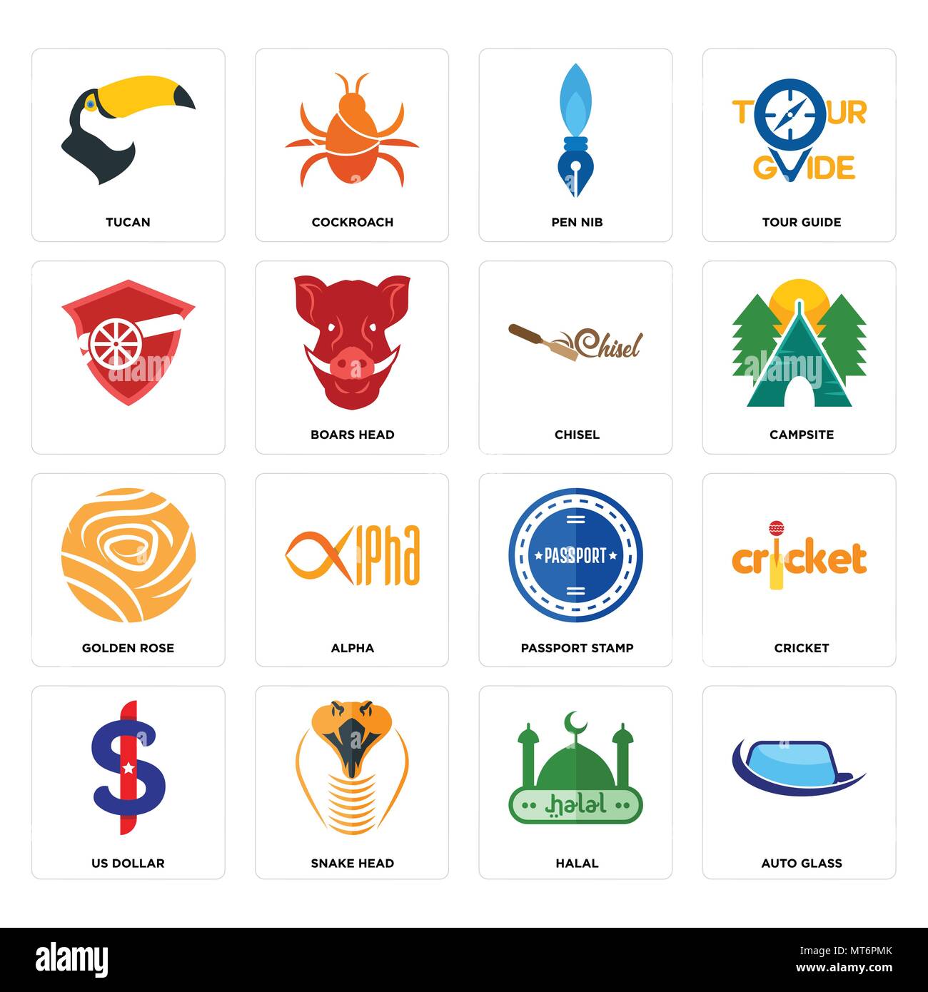 Set Of 16 simple editable icons such as auto glass, halal, snake head, us  dollar, cricket, tucan, , golden rose, chisel can be used for mobile, web  UI Stock Vector Image &