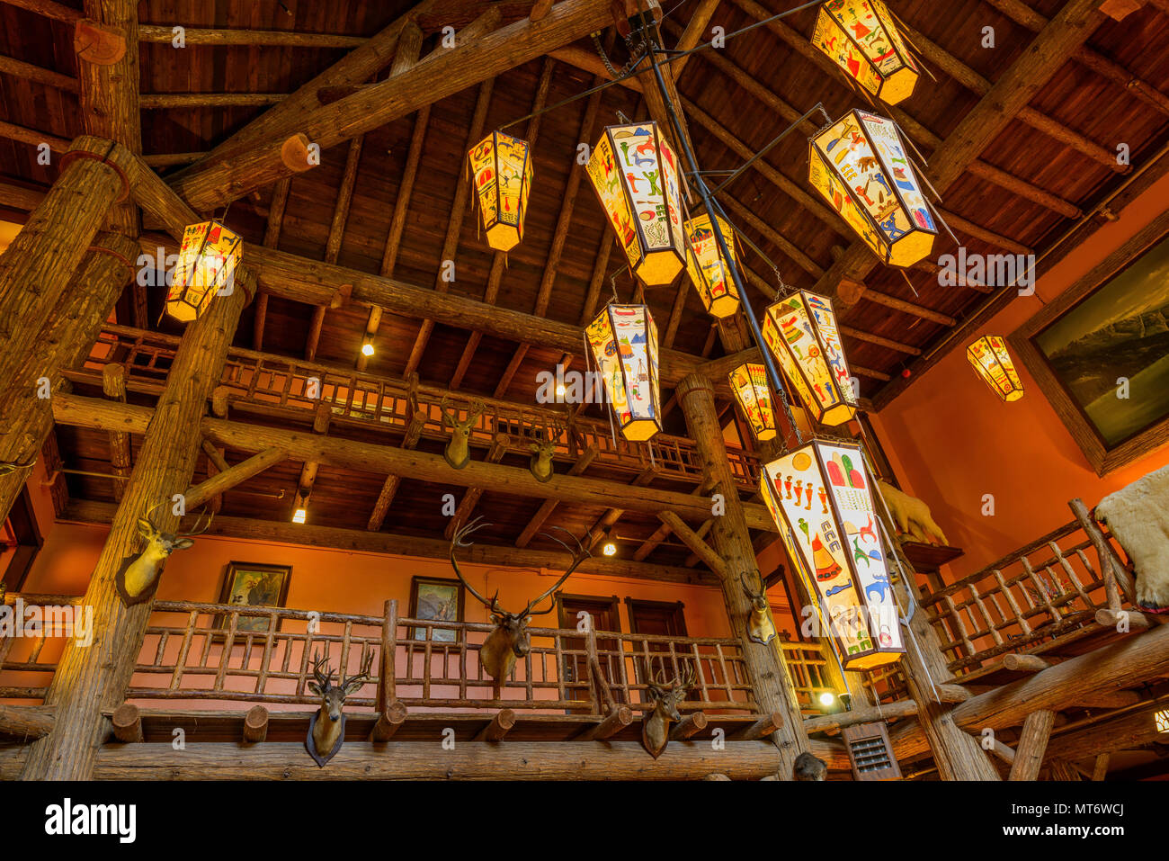 Lobby of Lake McDonald Lodge - A low-angle view of interiors and ceiling of the main lobby of historical Lake McDonald Lodge in Glacier National Park. Stock Photo