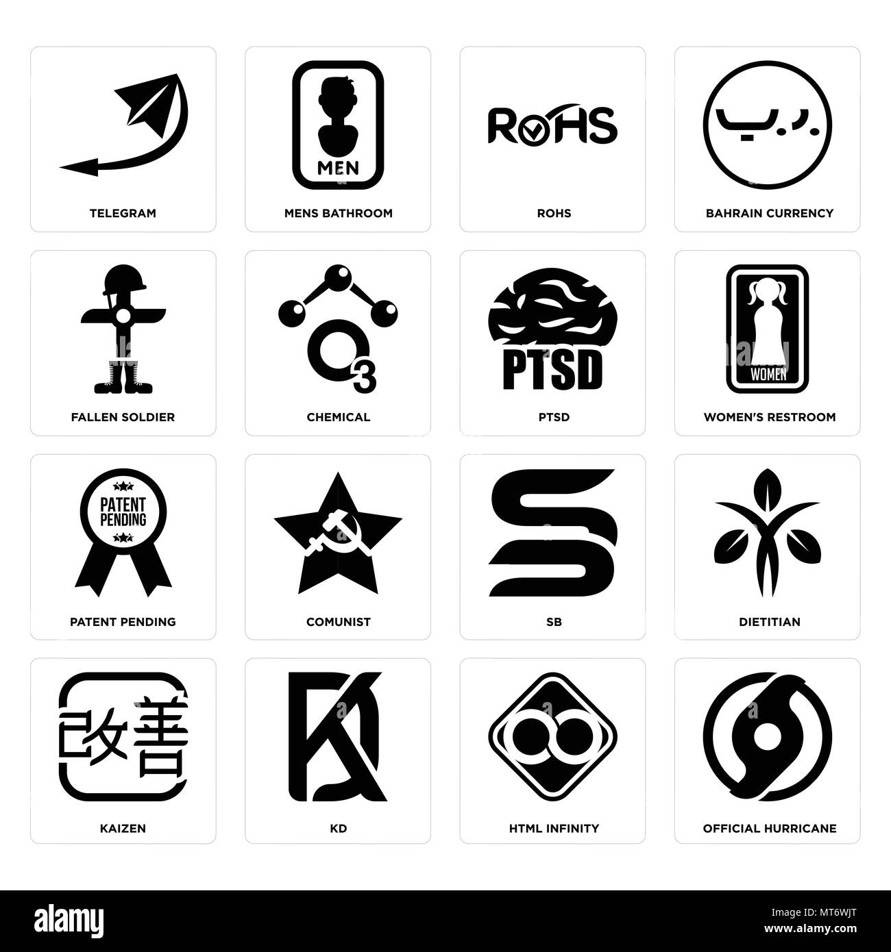 Set Of 16 simple editable icons such as official hurricane, html infinity, kd, kaizen, dietitian, telegram, fallen soldier, patent pending, ptsd can b Stock Vector