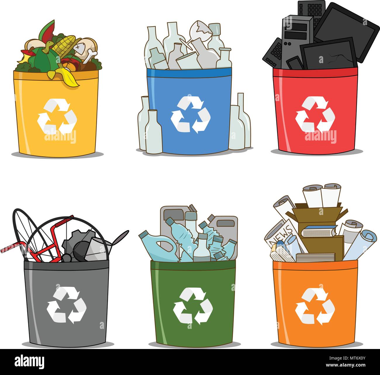 Colorful recycle bin organic, glass, e-waste, paper, plastic and metal. recycle concept Stock Vector