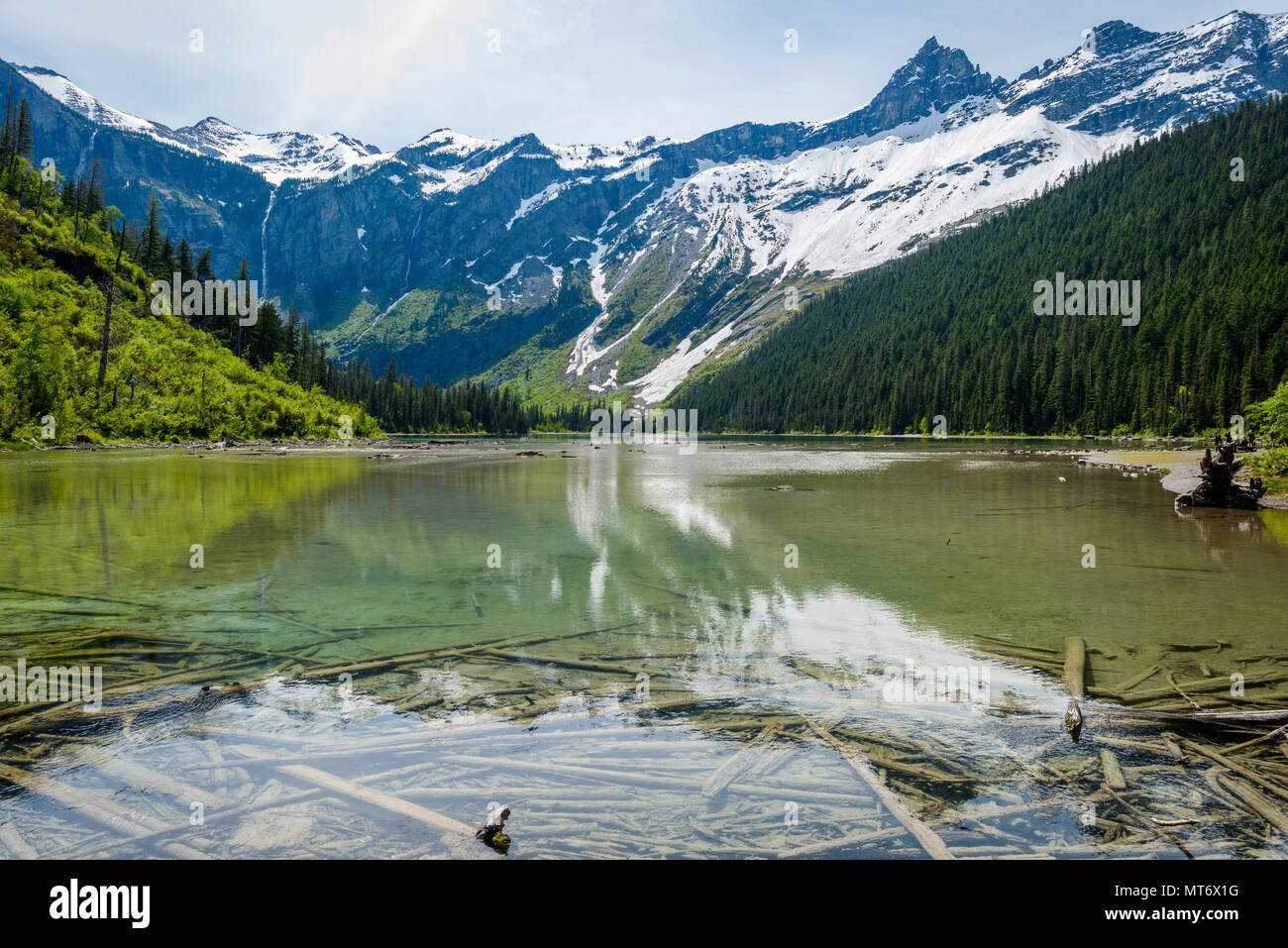 Avalanche Lake - A spring view of clear Avalanche Lake surrounded by high mountain peaks at Glacier National Park, Montana, USA. Stock Photo