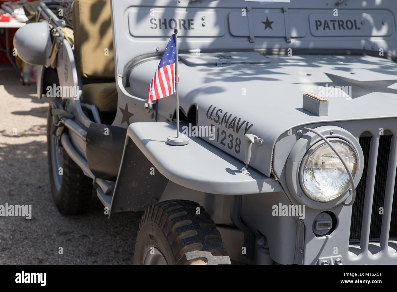 Classic Car vintage interior, USA Military Jeep, detail close steering wheel, fifties sixties seventies, Stock Photo