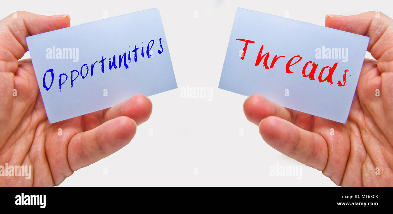 man hands holding cards with the words oppurtunities and threads for swot analysis Stock Photo