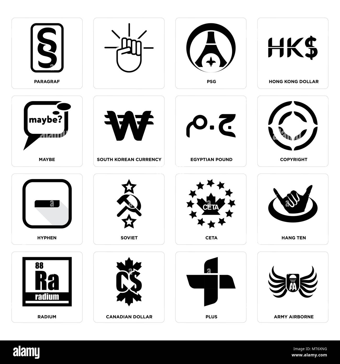 Set Of 16 simple editable icons such as army airborne, plus, canadian dollar, radium, hang ten, paragraf, maybe, hyphen, egyptian pound can be used fo Stock Vector