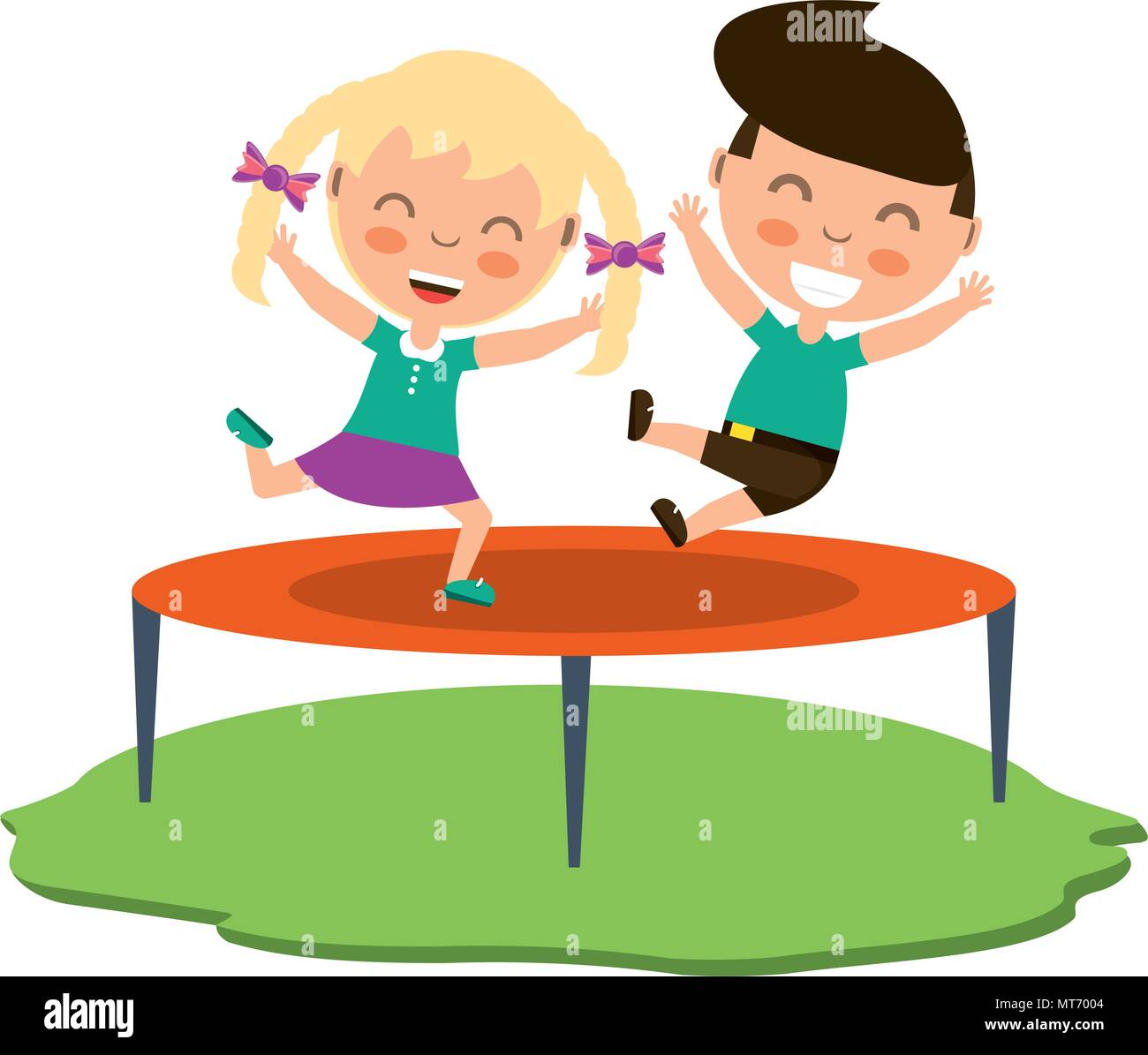 trampoline with happy kids jumping over white background, vector ...