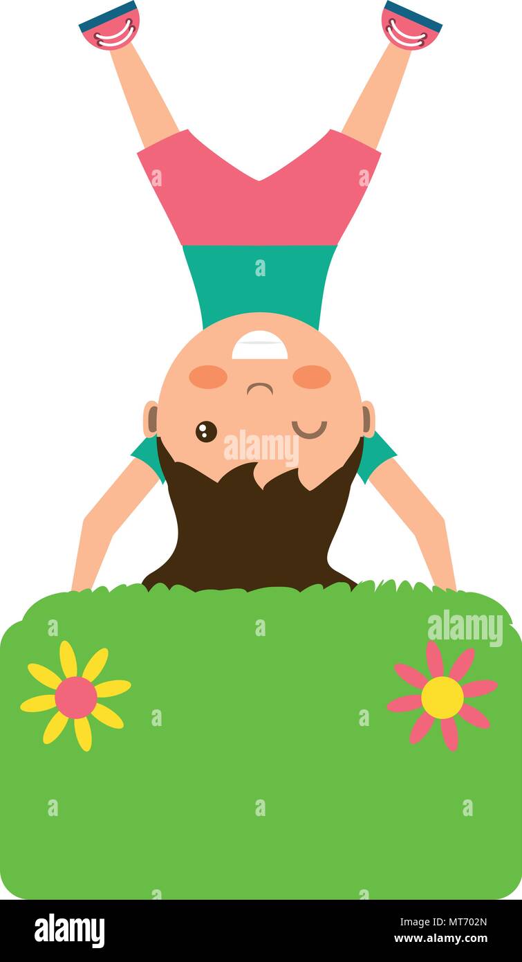 cartoon girl upside down with decorative banner over white background