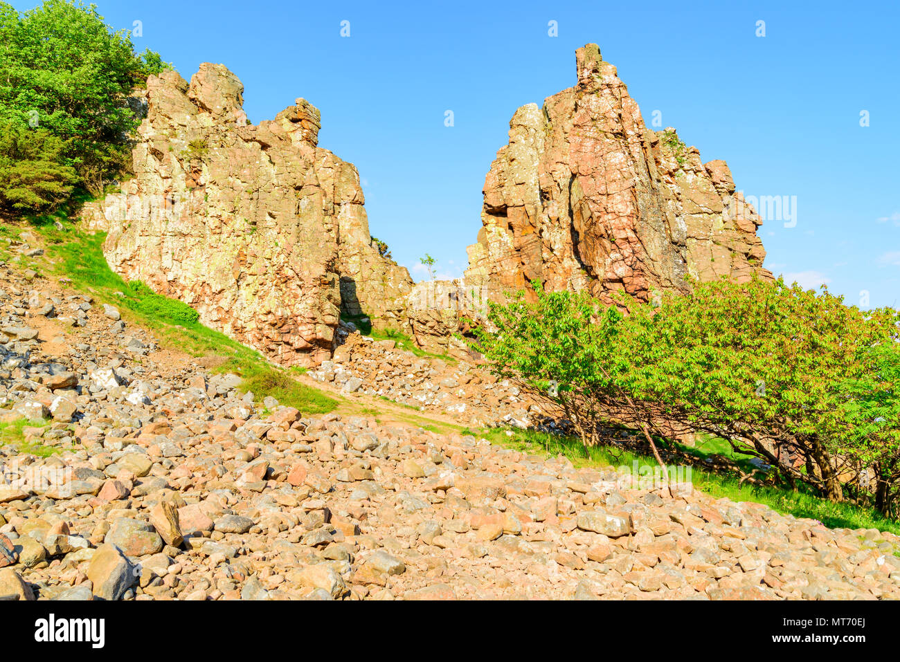 Rough cliffs in the coastal landscape of Hovs hallar in Bjare nature reserve, Sweden, on a sunny and fine morning. Stock Photo