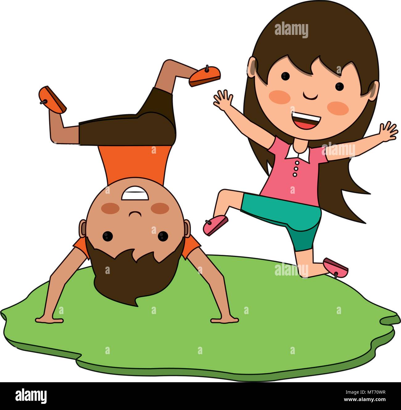 cartoon kids jumping and standing upside down in the grass over white