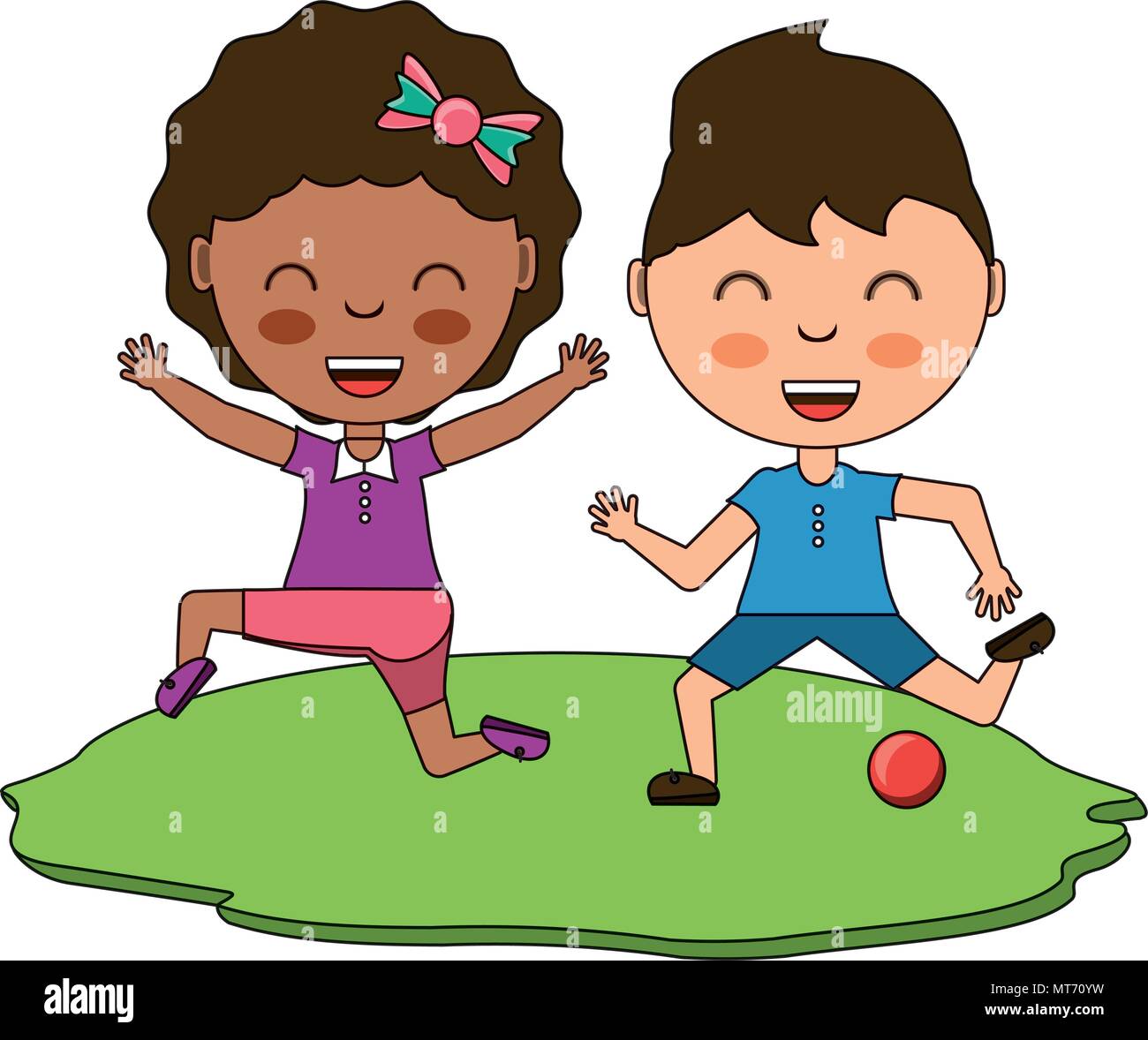 cartoon kids playing with a ball in the grass over white background