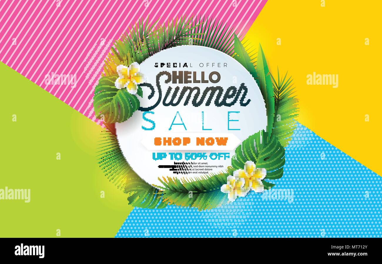 Summer Sale illustration with flower and tropical plant on abstract