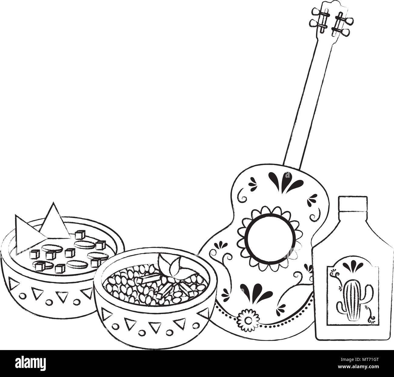 mexican food with guitar and tequila bottle over white background