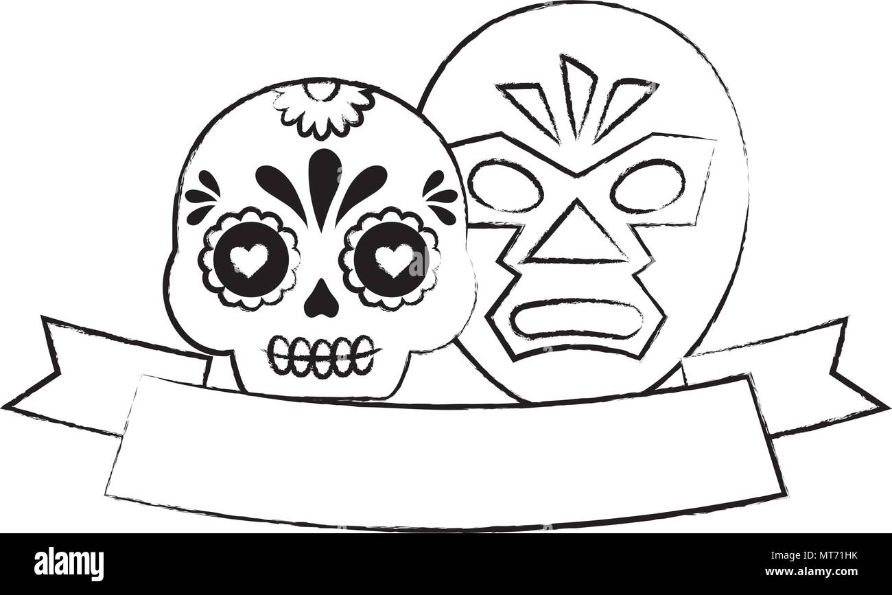 decorative ribbon with sugar skull and wrestler mask over white
