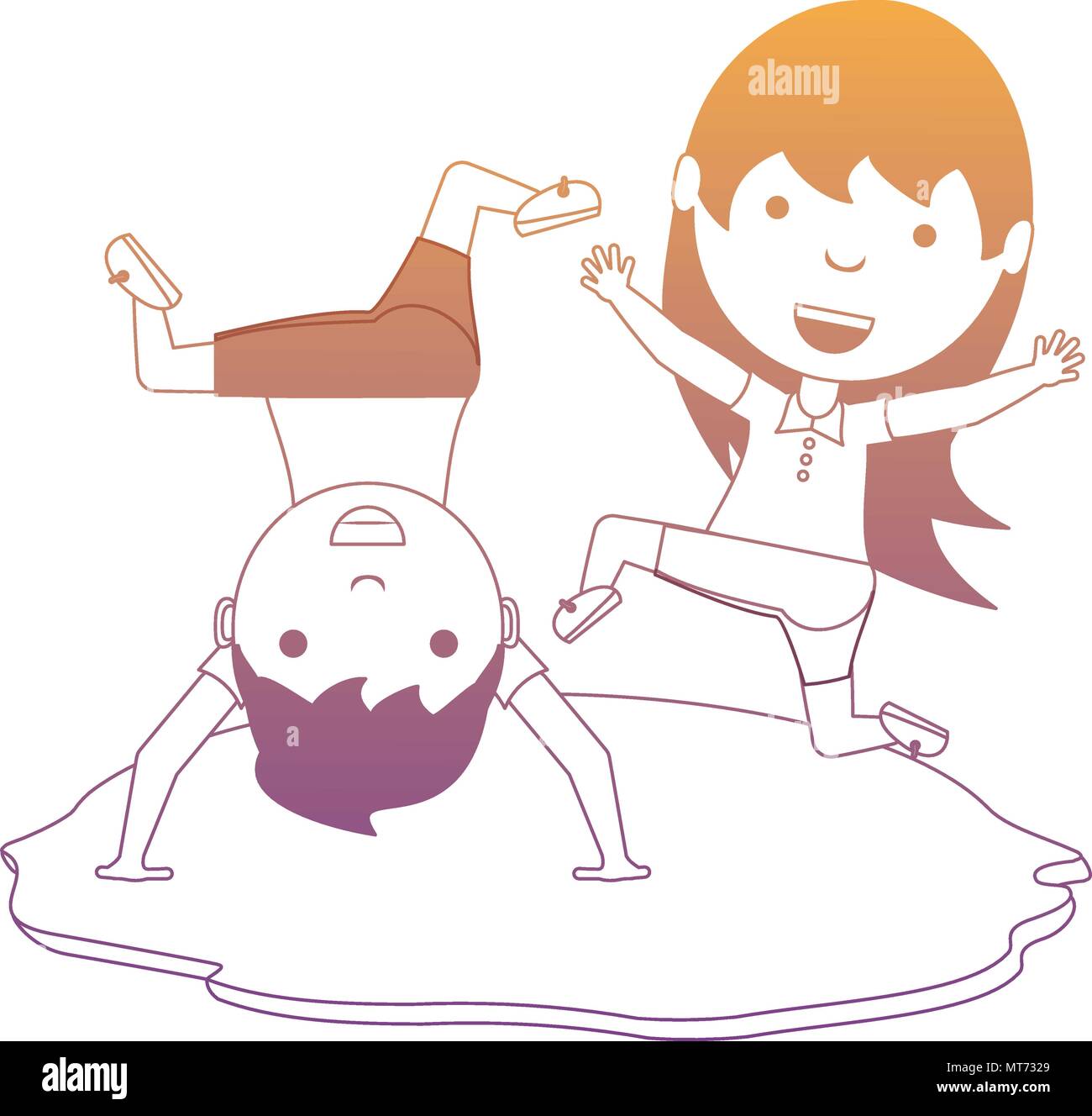 cartoon kids jumping and standing upside down in the grass over white