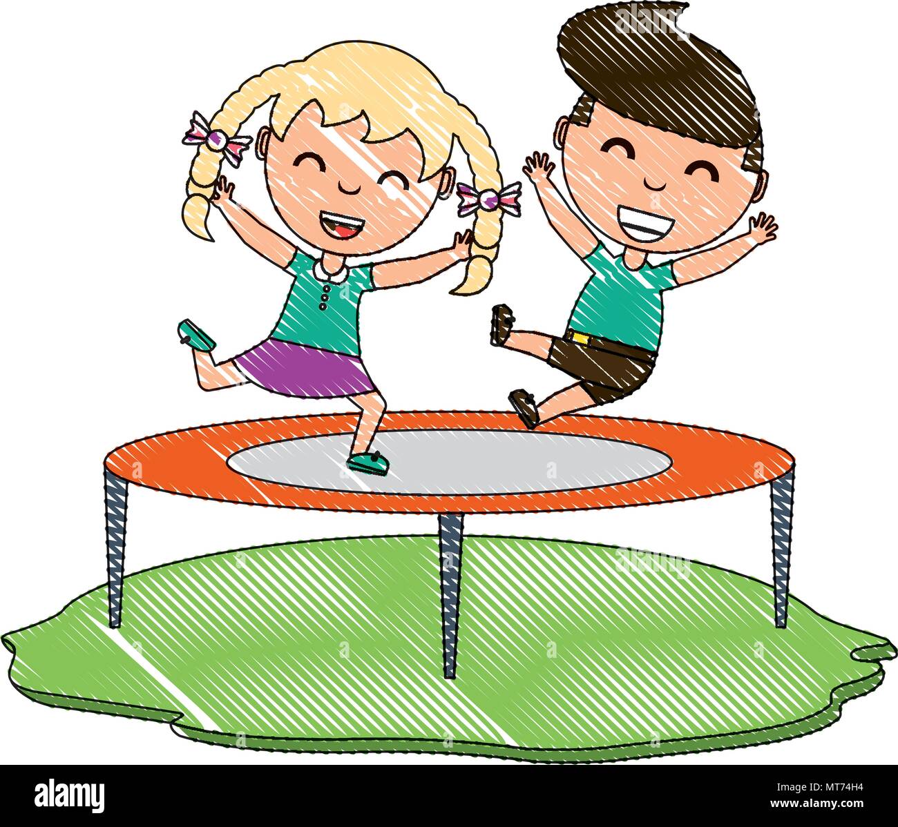 trampoline with happy kids jumping over white background, vector ...