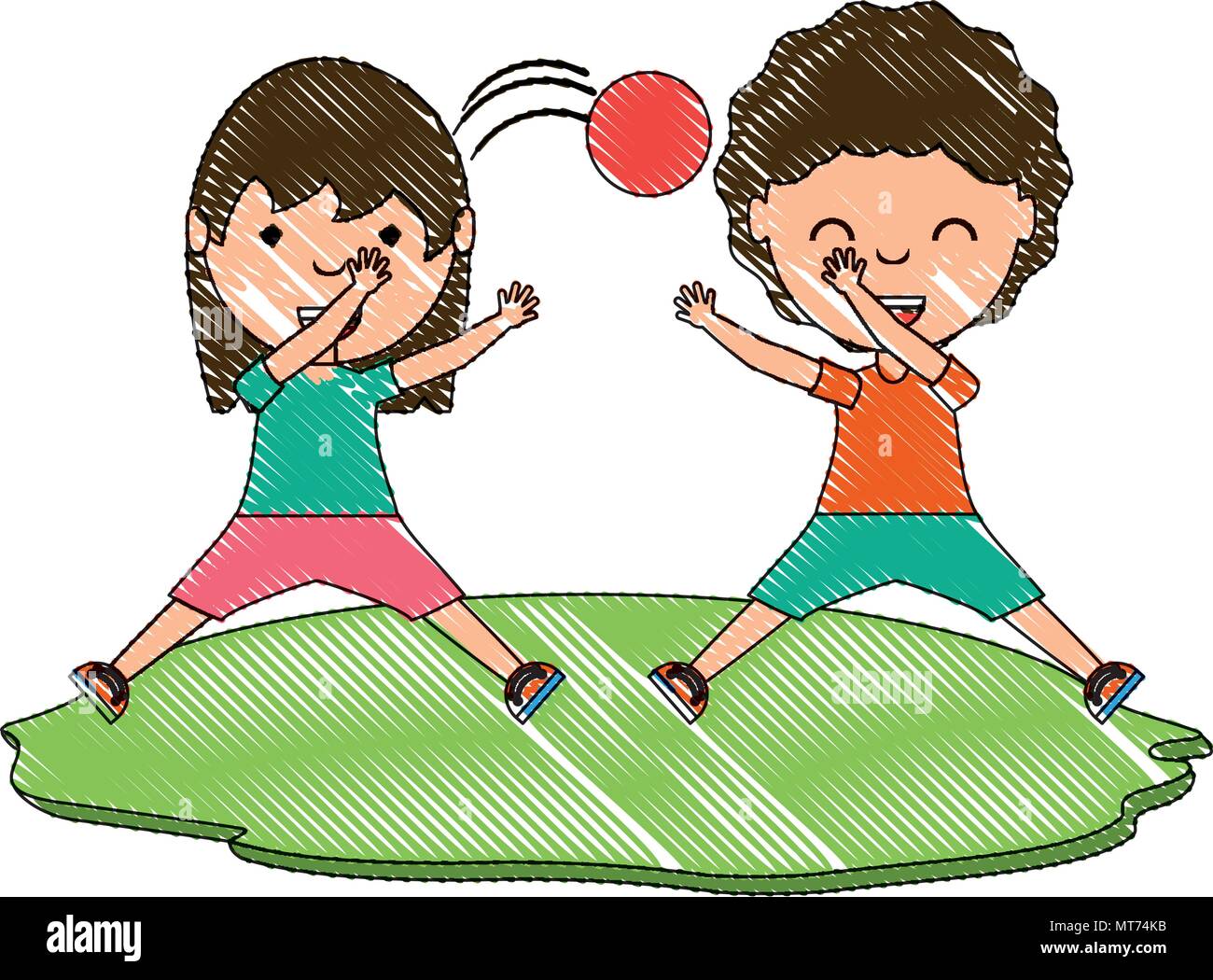 cartoon kids playing with a ball in the grass over white background