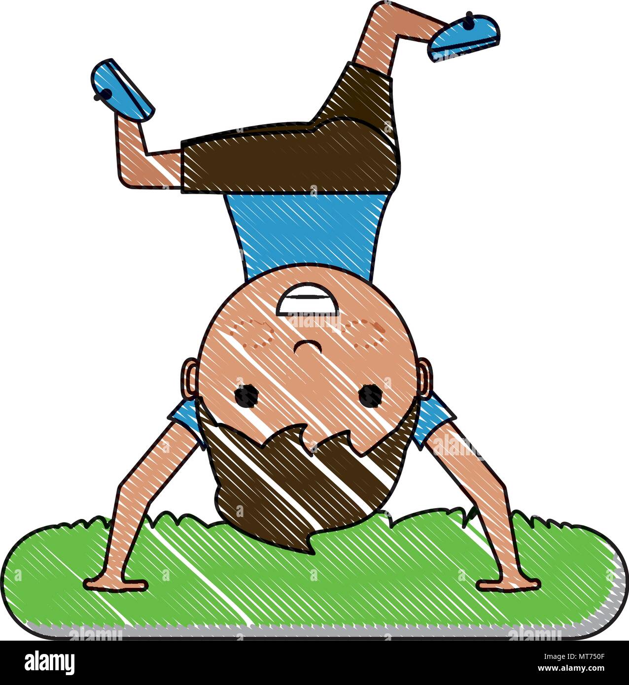 cartoon happy boy standing upside down over white background, colorful ...