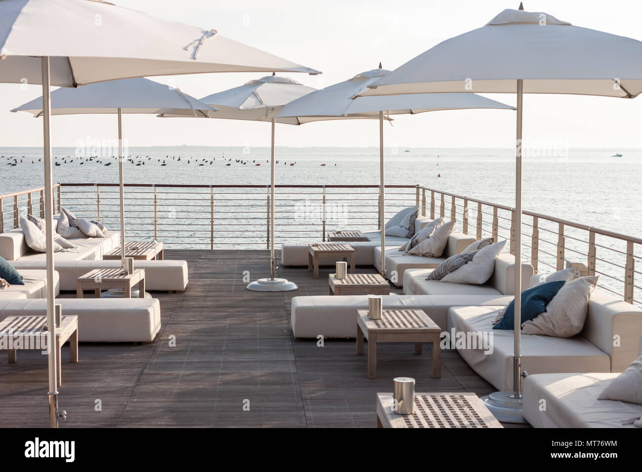 empty cafe terrace sea side beach club Stock Photo