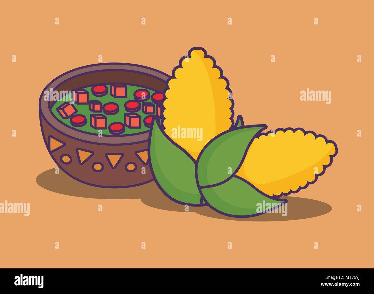 mexican sauce bowl and corns over orange background, colorful design
