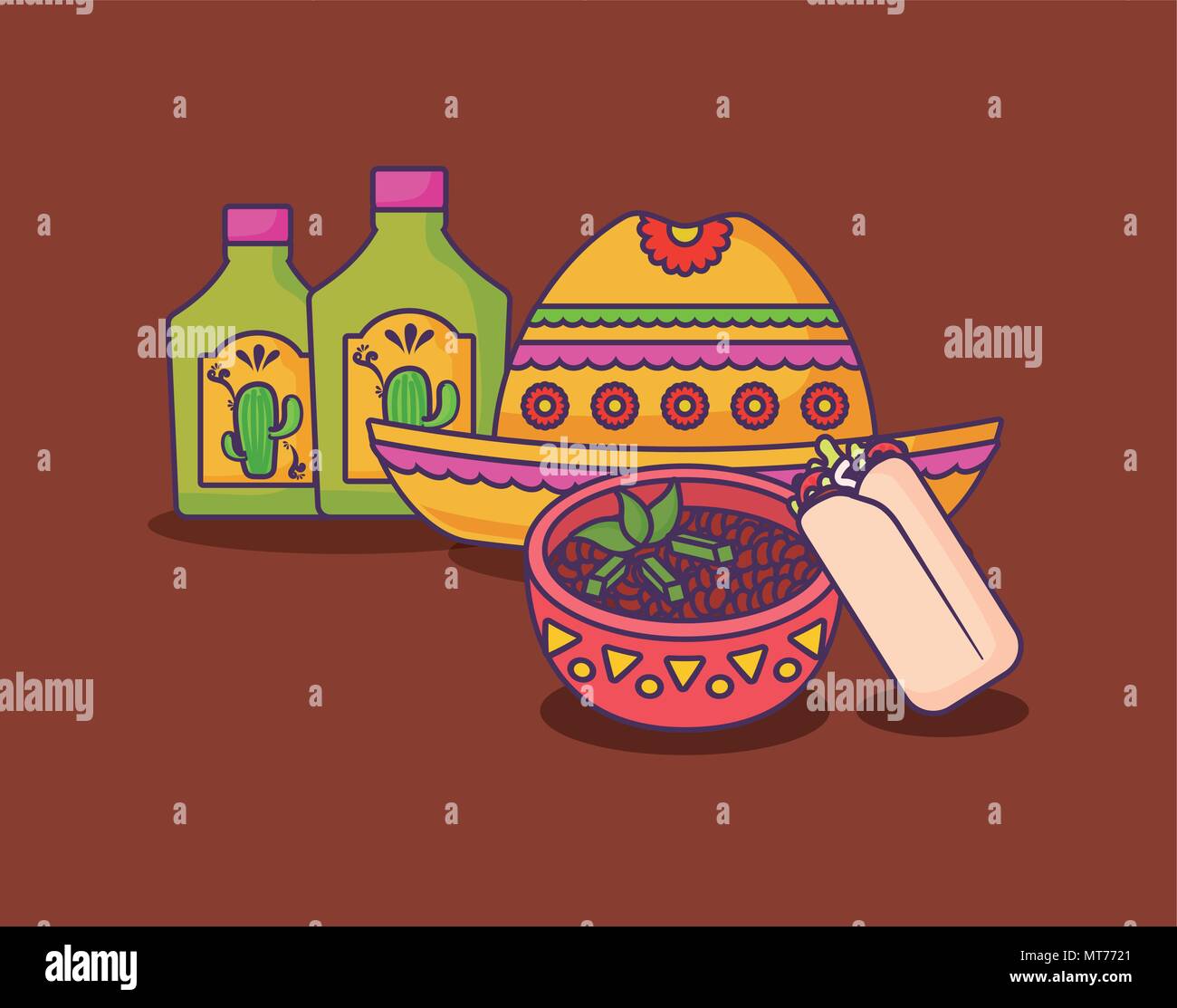Mexican hat with tequila bottles and mexican bowl over brown background