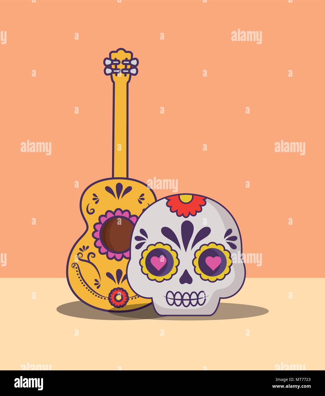 mexican culture design with guitar and sugar skull icon over orange ...