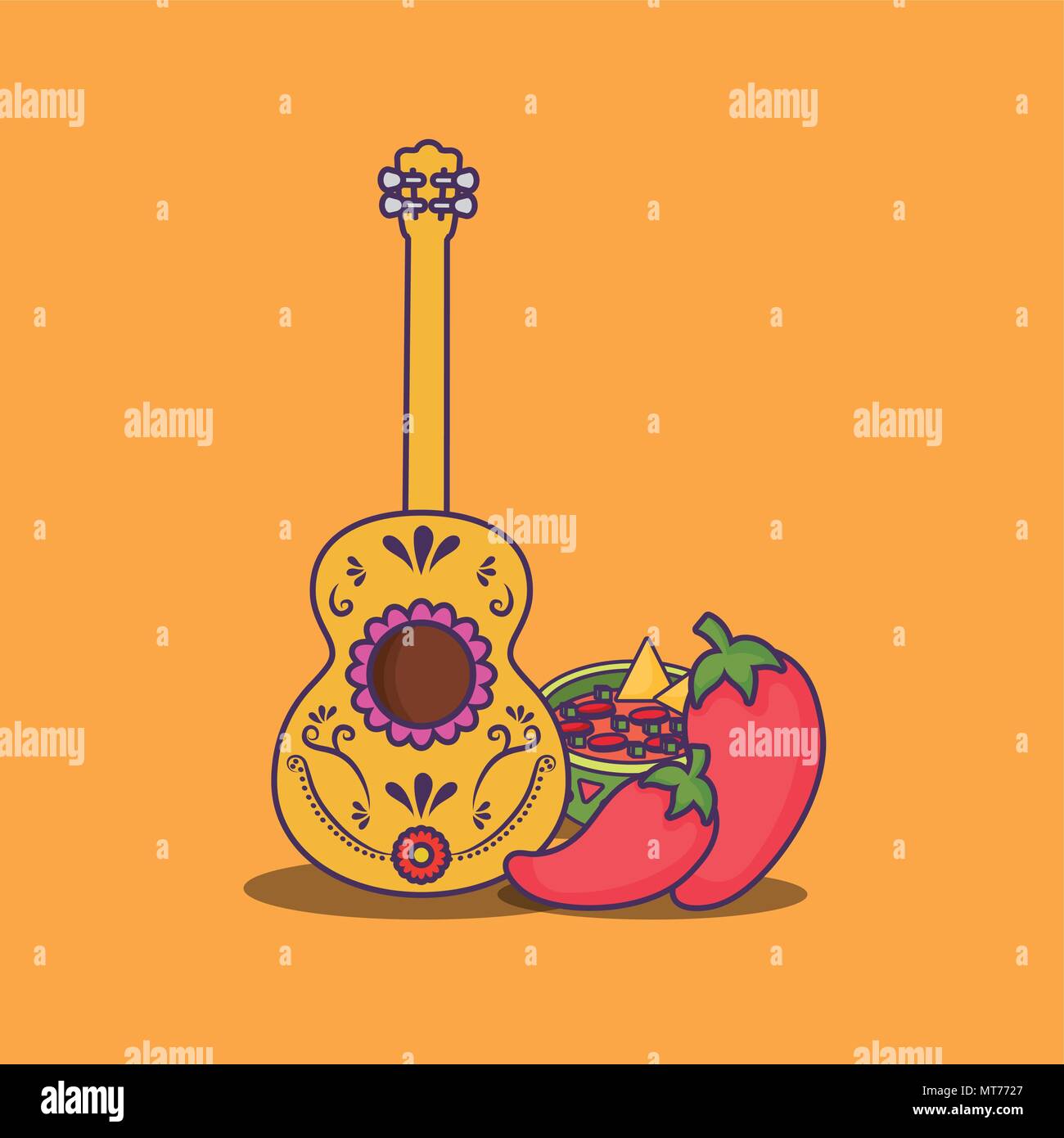mexican culture design with guitar and chili pepper icon over yellow ...