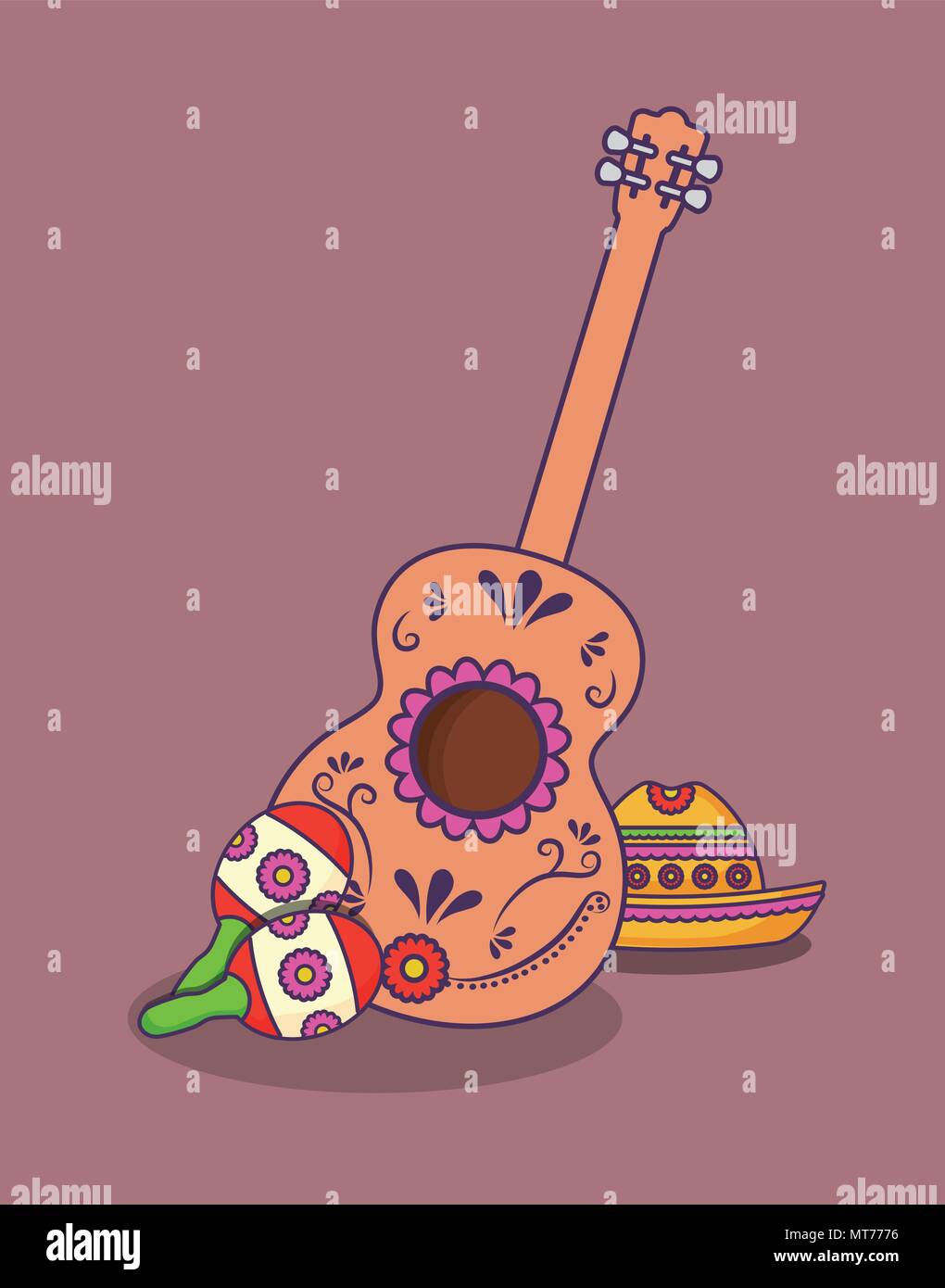 mexican culture design with guitar and maracas icon over purple ...